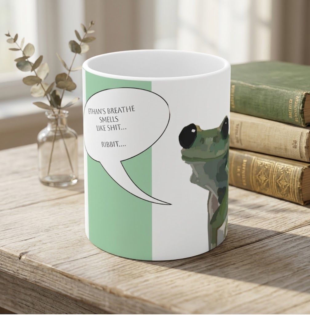 Customizable Funny Frog Mug — "Ethan's Breath Smells Like Shit...Ribbit" 11oz Ceramic