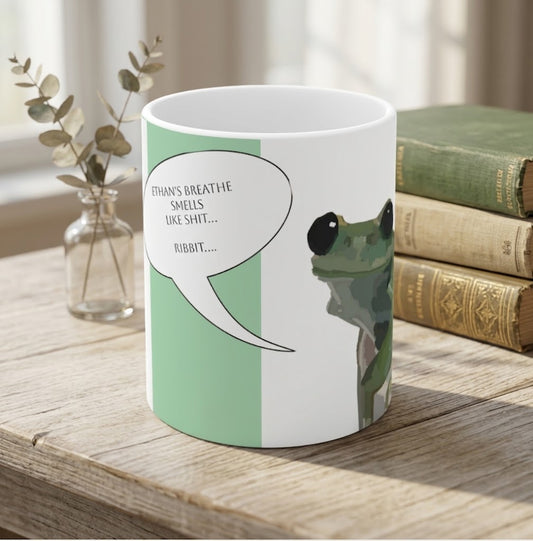 Customizable Funny Frog Mug — "Ethan's Breath Smells Like Shit...Ribbit" 11oz Ceramic