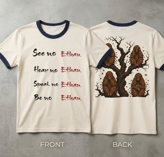 See No Ethan Ringer T-Shirt — “See no Ethan / Hear no Ethan / Speak no Ethan / Be no Ethan” Customizable Retro Graphic Tee